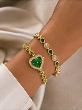Gold-Plated Green Heart Bracelet Watch and Matching Bracelet Set